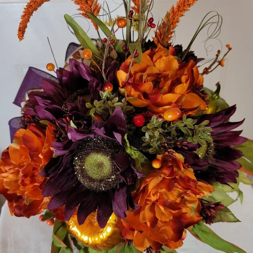 Fall Pumpkin with Purple Sunflowers & Orange Peonies Floral Arrangement - Medium